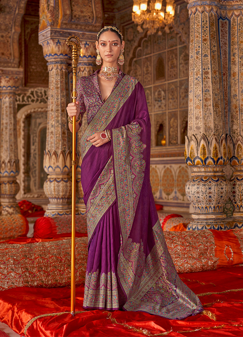 Monjolika Fashion Purple Silk Blend Print Work Traditional Saree for Ceremonial - Distacart