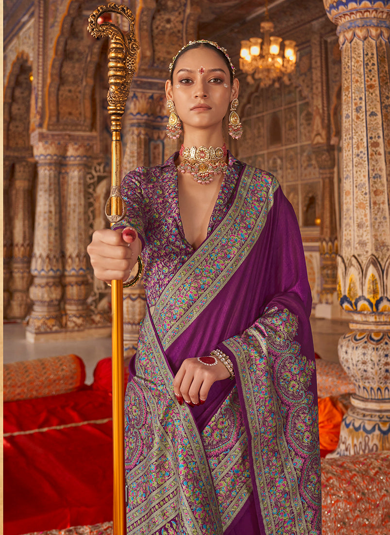 Monjolika Fashion Purple Silk Blend Print Work Traditional Saree for Ceremonial - Distacart