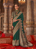 Monjolika Fashion Dark Green Silk Blend Print Work Traditional Saree for Ceremonial - Distacart