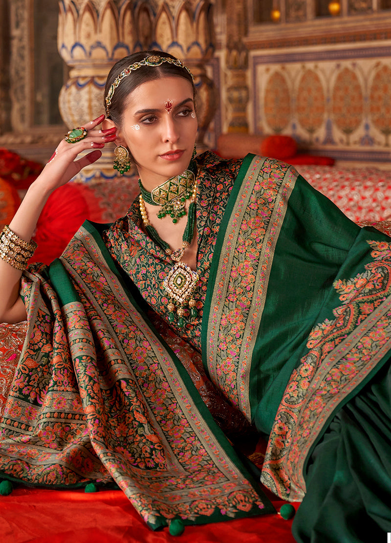 Monjolika Fashion Dark Green Silk Blend Print Work Traditional Saree for Ceremonial - Distacart