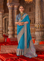 Monjolika Fashion Aqua Blue Silk Blend Print Work Traditional Saree for Ceremonial - Distacart