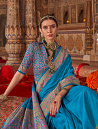 Monjolika Fashion Aqua Blue Silk Blend Print Work Traditional Saree for Ceremonial - Distacart