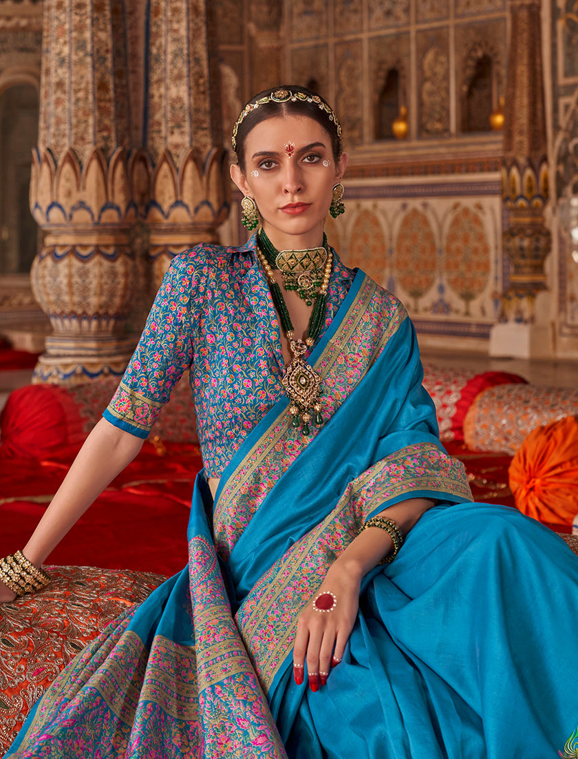 Monjolika Fashion Aqua Blue Silk Blend Print Work Traditional Saree for Ceremonial - Distacart