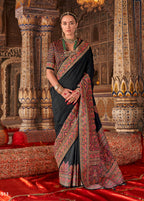 Monjolika Fashion Black Silk Blend Print Work Traditional Saree for Ceremonial - Distacart
