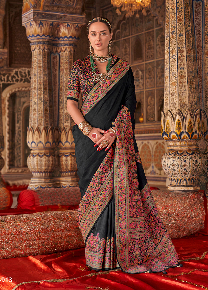 Monjolika Fashion Black Silk Blend Print Work Traditional Saree for Ceremonial - Distacart