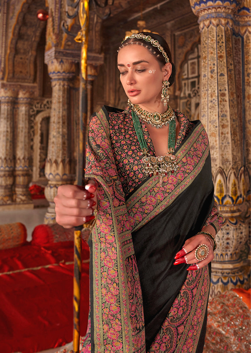 Monjolika Fashion Black Silk Blend Print Work Traditional Saree for Ceremonial - Distacart