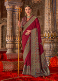 Monjolika Fashion Maroon Silk Blend Print Work Traditional Saree for Ceremonial - Distacart