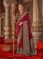 Monjolika Fashion Maroon Silk Blend Print Work Traditional Saree for Ceremonial - Distacart