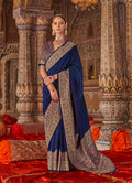 Monjolika Fashion Navy Blue Silk Blend Print Work Traditional Saree for Ceremonial - Distacart