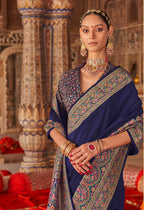 Monjolika Fashion Navy Blue Silk Blend Print Work Traditional Saree for Ceremonial - Distacart