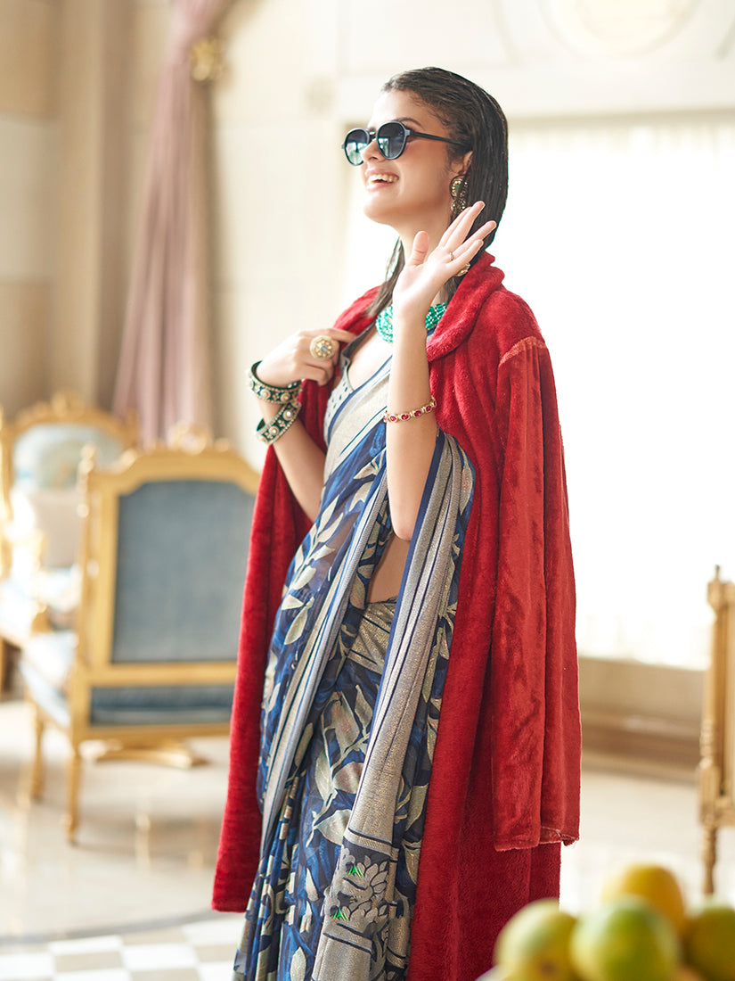Monjolika Fashion Georgette Classic Saree with Fancy Work for Ceremonial in Navy Blue - Distacart