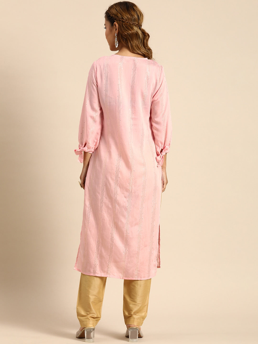Sangria Women Pink Sequined Jacquard Chanderi Silk Kurta