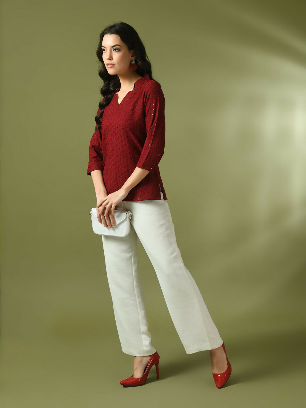 Myshka Women's Maroon Embellished Cotton Regular Party Tunic