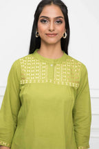 Myshka Women Green Solid Mandarin Collar Regular Sleeves Pure Cotton Top - Distacart