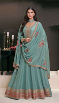 Anaita Teal Embroidered Work Silk Stitched Anarkali Suit - Distacart