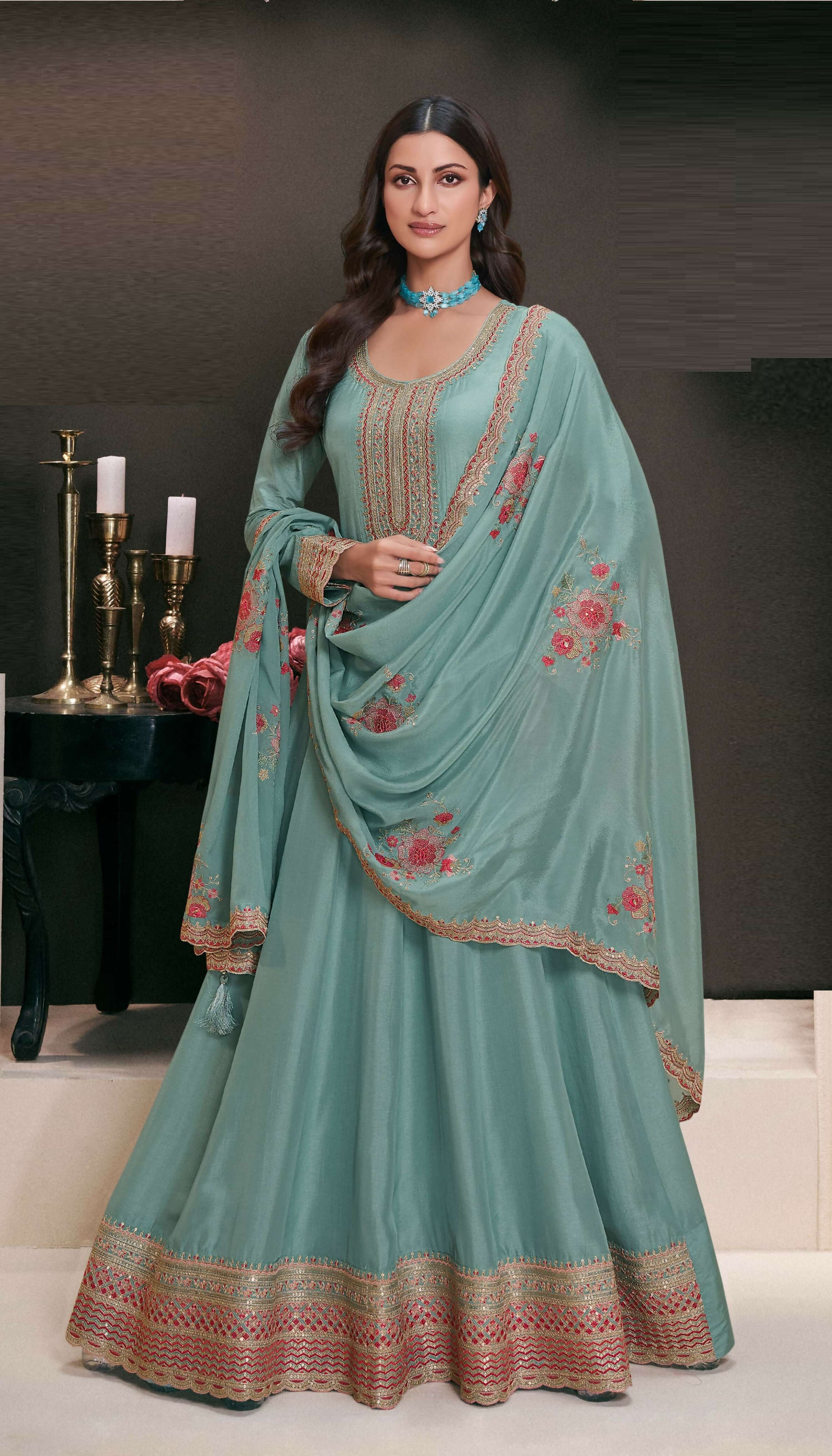 Anaita Teal Embroidered Work Silk Stitched Anarkali Suit - Distacart