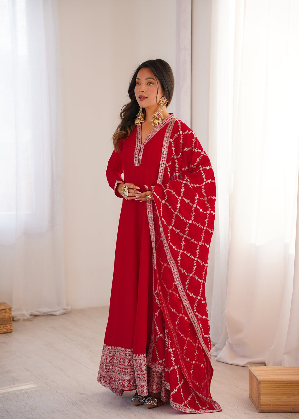 Lorenvalley Fashion Red Vichitra Silk with Full Kali Pattern Embroidery work Anarkali Gown with Dupatta - Distacart
