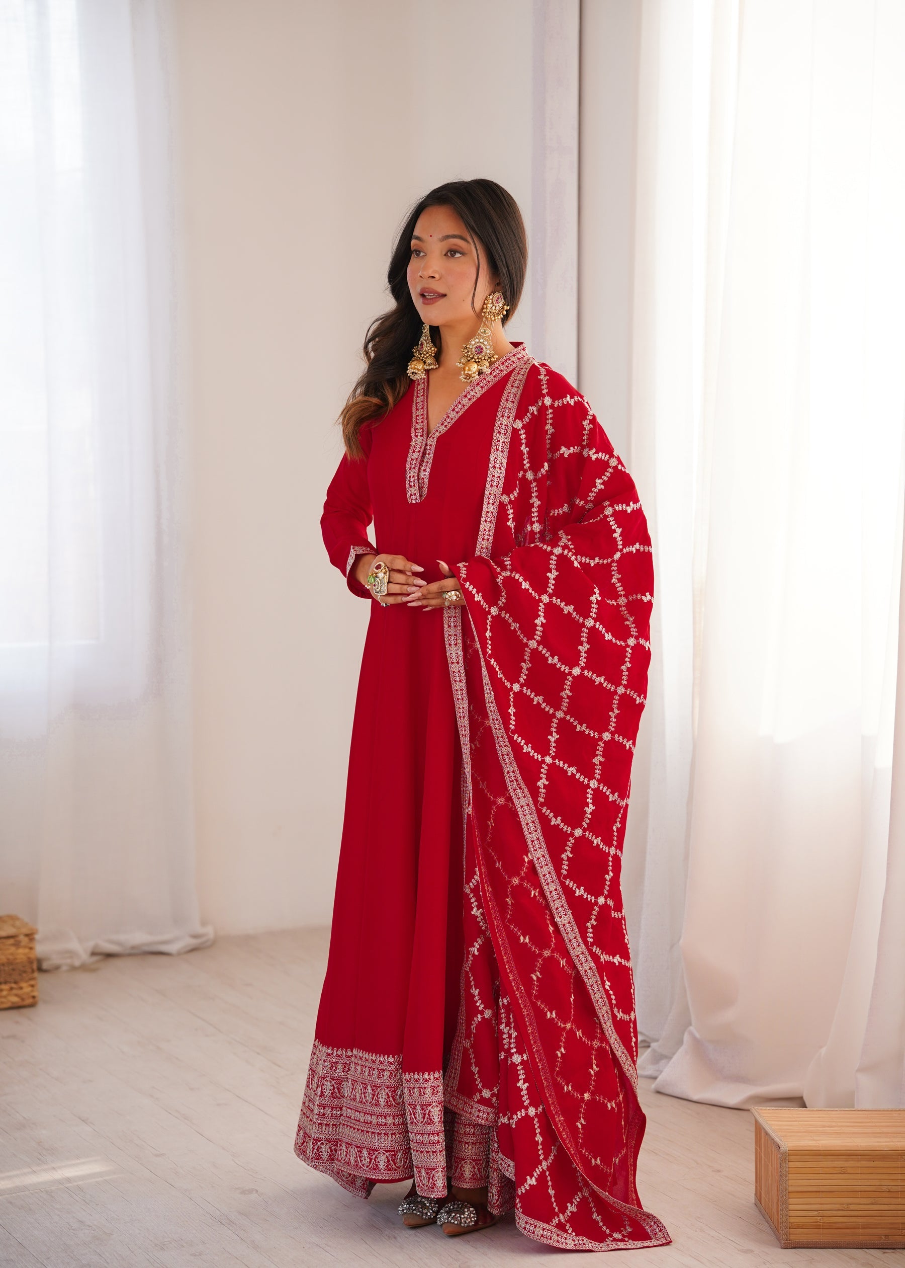 Lorenvalley Fashion Red Vichitra Silk with Full Kali Pattern Embroidery work Anarkali Gown with Dupatta - Distacart