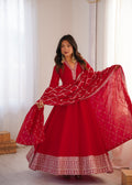 Lorenvalley Fashion Red Vichitra Silk with Full Kali Pattern Embroidery work Anarkali Gown with Dupatta - Distacart