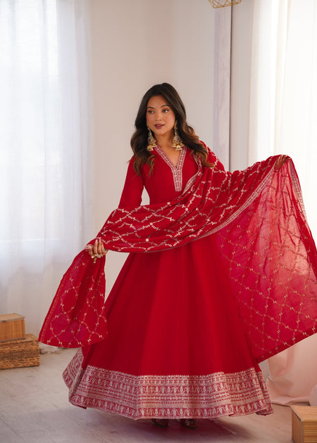 Lorenvalley Fashion Red Vichitra Silk with Full Kali Pattern Embroidery work Anarkali Gown with Dupatta