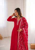 Lorenvalley Fashion Red Vichitra Silk with Full Kali Pattern Embroidery work Anarkali Gown with Dupatta - Distacart