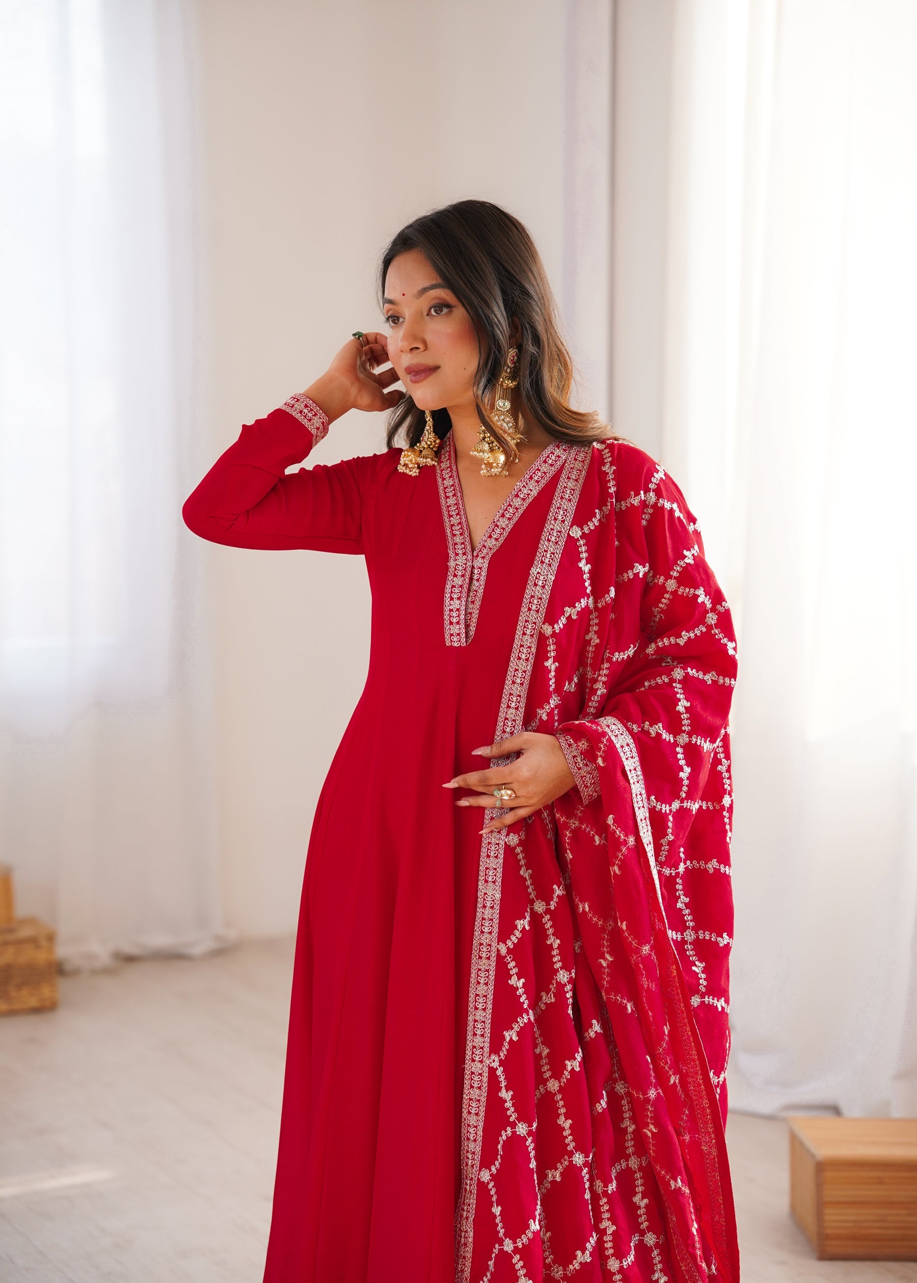 Lorenvalley Fashion Red Vichitra Silk with Full Kali Pattern Embroidery work Anarkali Gown with Dupatta - Distacart