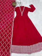 Lorenvalley Fashion Red Vichitra Silk with Full Kali Pattern Embroidery work Anarkali Gown with Dupatta - Distacart