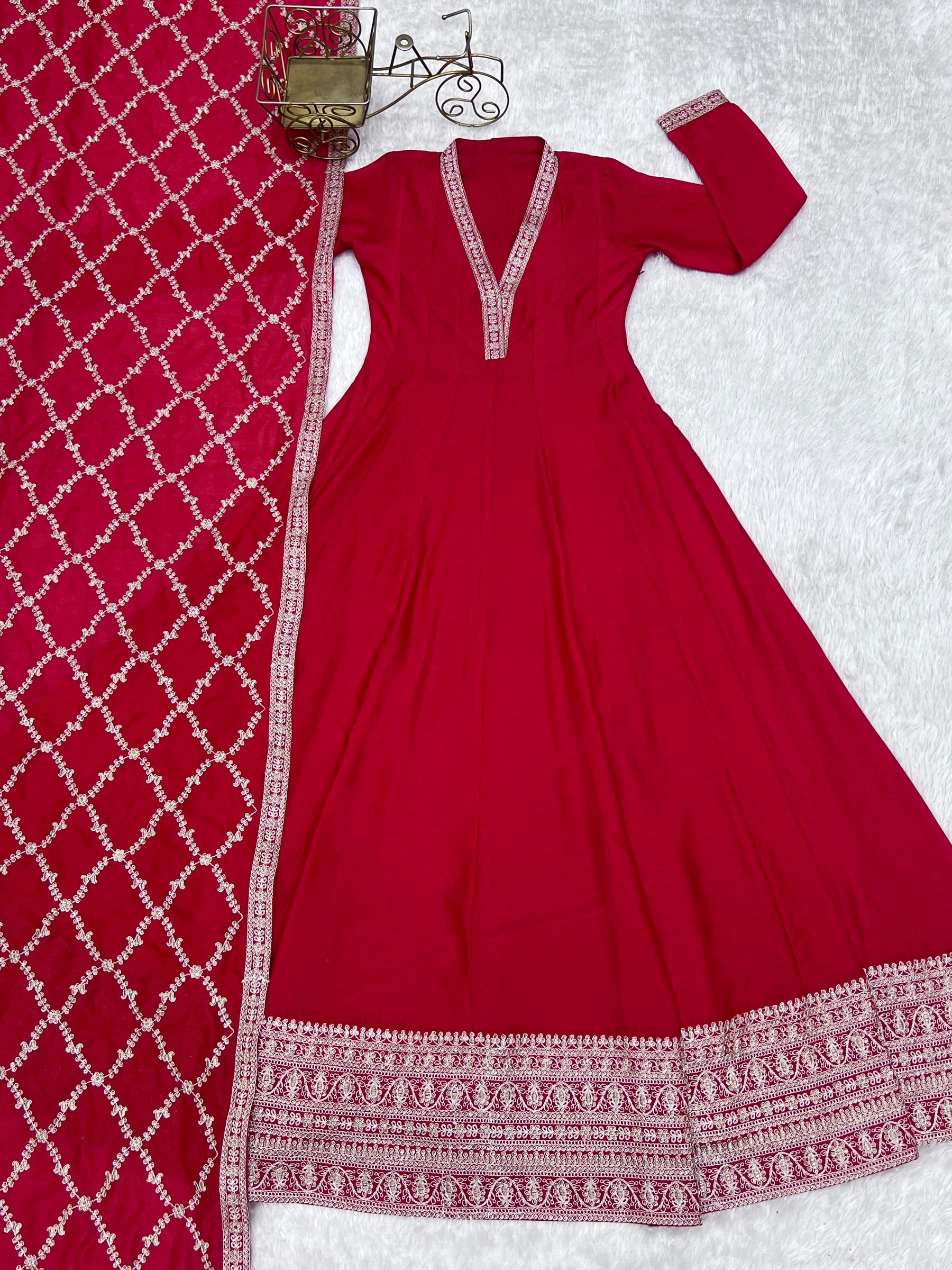 Lorenvalley Fashion Red Vichitra Silk with Full Kali Pattern Embroidery work Anarkali Gown with Dupatta - Distacart