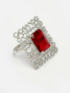 NVR Women's Red & Silver CZ-Studded Square-Shaped Adjustable Finger Ring