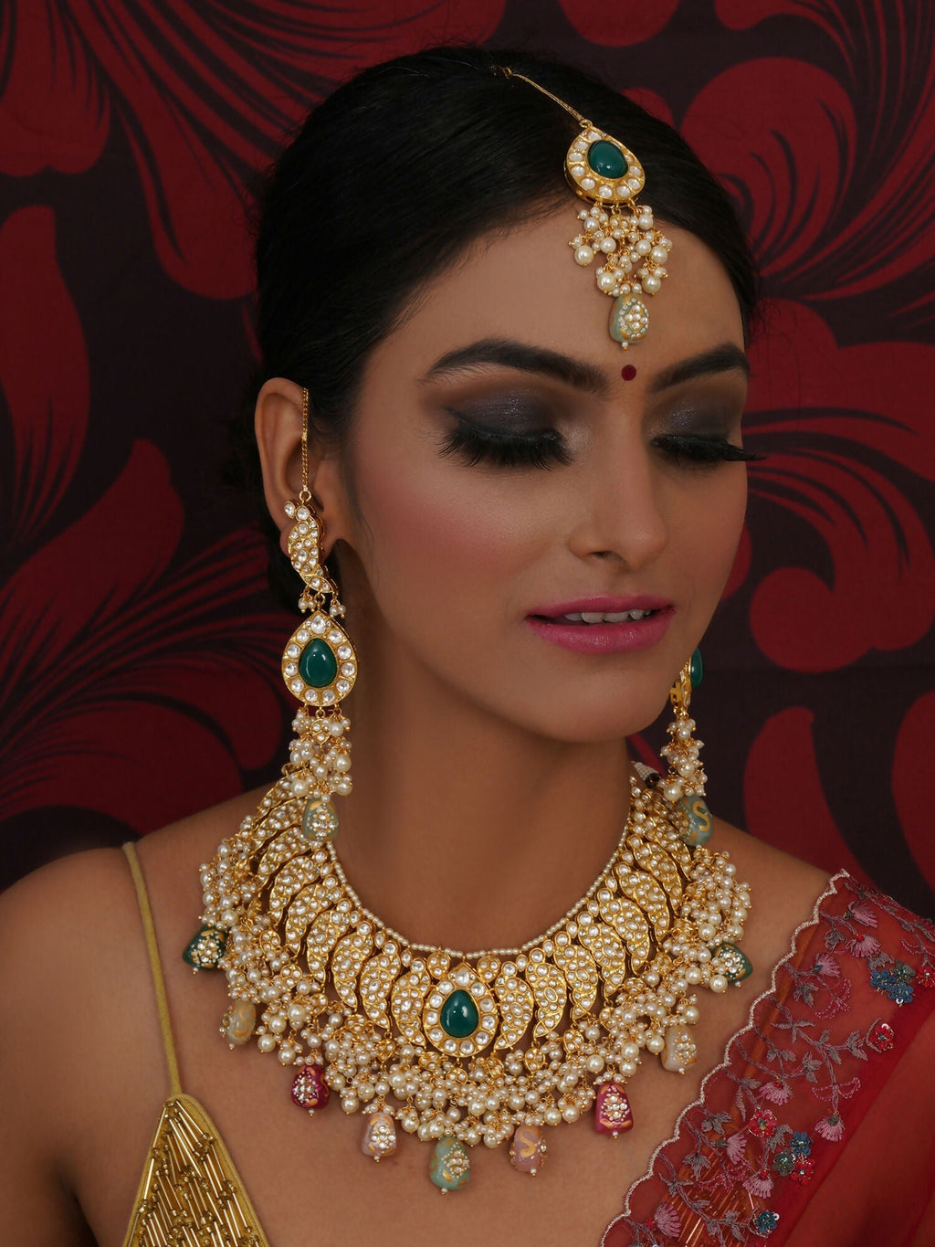 Kundan Choker with Matching Earrings & Maang Tikka Jewellery Set (Gold) - Ruby Raang
