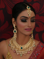 Kundan Choker with Matching Earrings & Maang Tikka Jewellery Set (Gold) - Ruby Raang