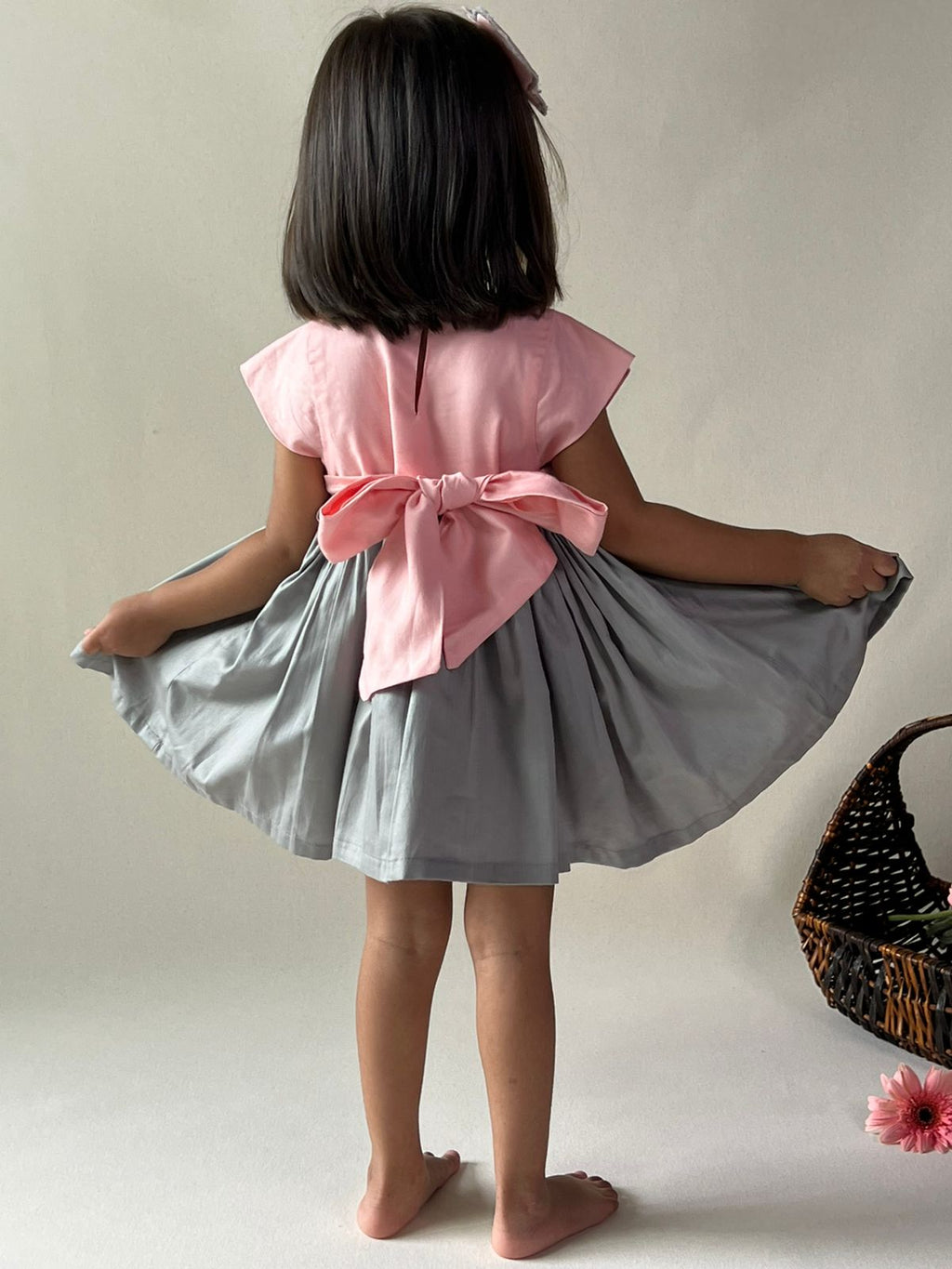 ArthLife Peach And Grey Unicorn Embroidered Dress