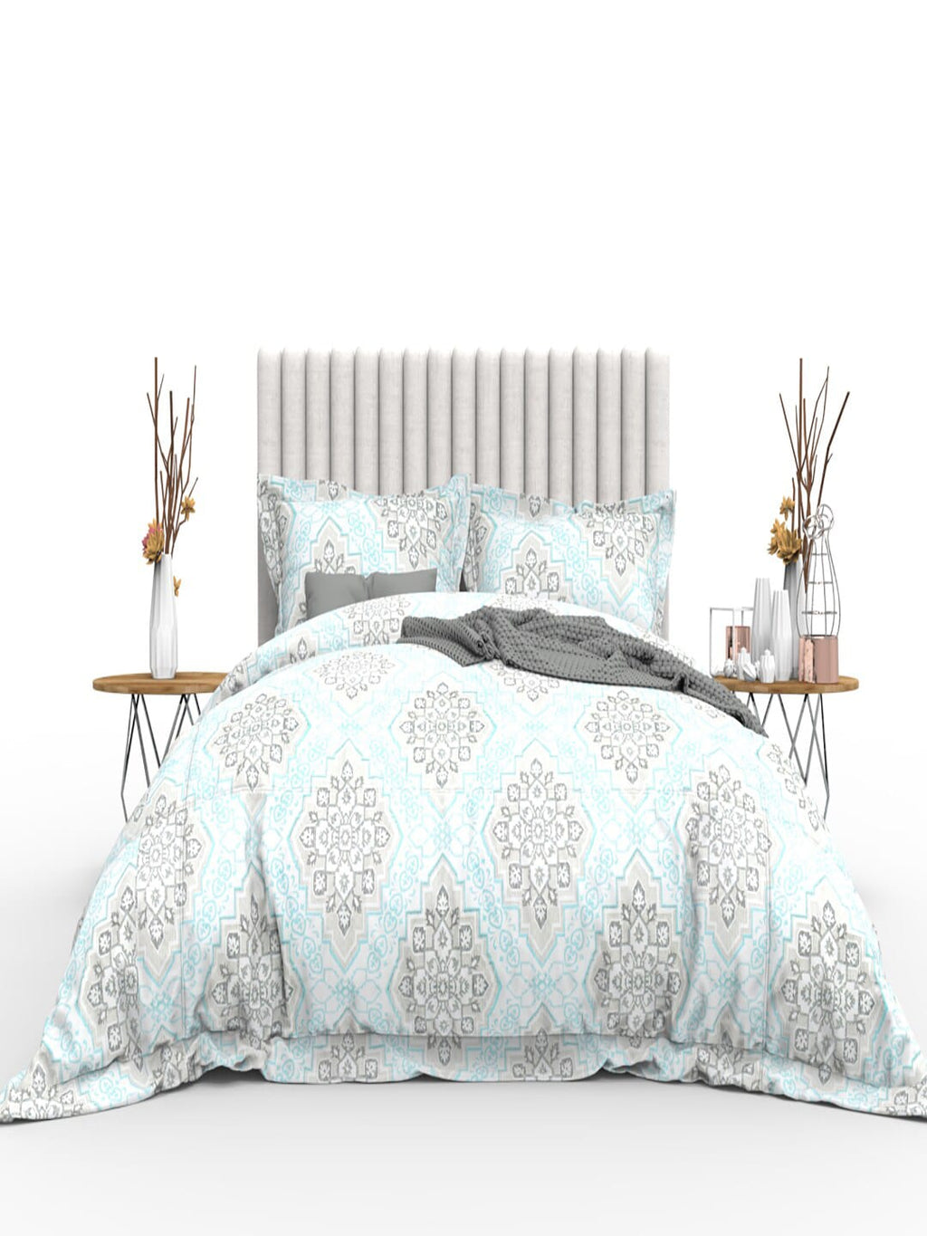 THE WHITE MOSS Blue & Grey Ethnic Motifs 350 TC Cotton King Bedsheet with 2 Pillow Covers