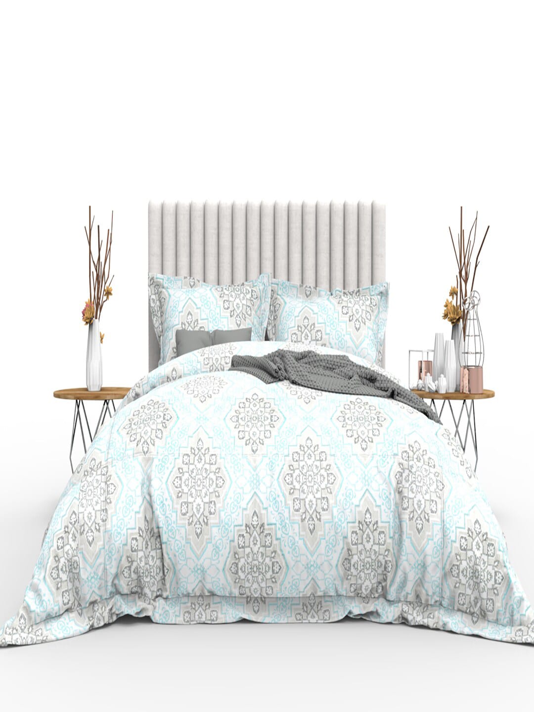 THE WHITE MOSS Blue & Grey Ethnic Motifs 350 TC Cotton King Bedsheet with 2 Pillow Covers