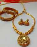 Silk Threaded Gold Color Beads with Necklace Set, Earrings And Bangles