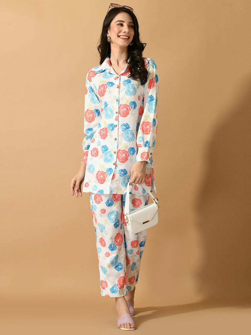 Myshka Women's White Printed Shirt With Trousers