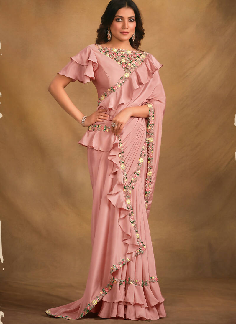 Pink Crepe Georgette Silk Designer Saree with Unstitched Blouse - Norita Mahitha