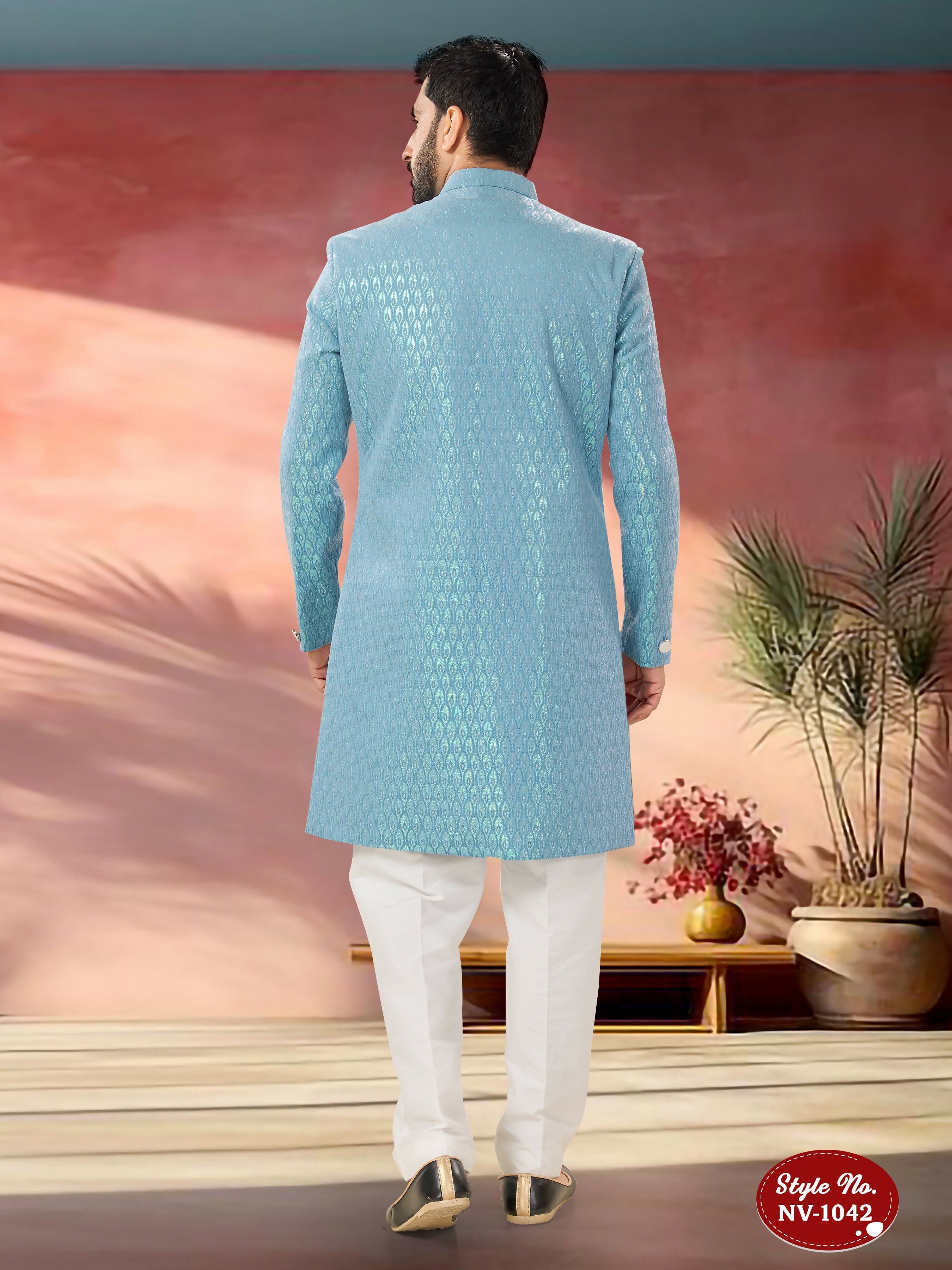 Joban Fashion Men's Blue Straight Imported Armani Thread And Sequence Embroidary All Over Indo-Western Kurta Set