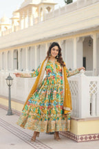 Jyoti Fashion Women's Green Russian Silk Sequins Zari Embroideredy Anarkali Dress with Dupatta