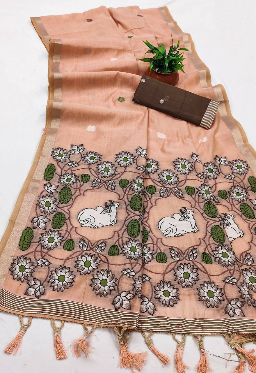 Vastranavya Peach Muga Cotton Meenakari & Azarakh Pallu Saree with Contrast Blouse - Distacart