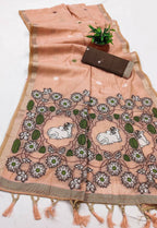 Vastranavya Peach Muga Cotton Meenakari & Azarakh Pallu Saree with Contrast Blouse - Distacart