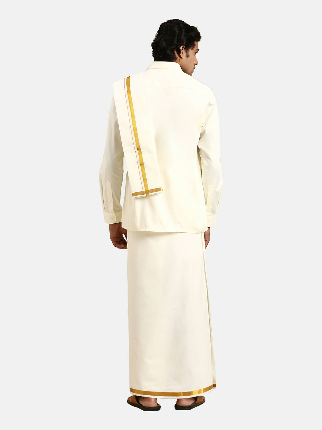 Ramraj Cotton 2 In 1 Set For Mens Readymade Cream Double Layer Pocket Dhoti With 3/4 Inch Golden Jari And Towel