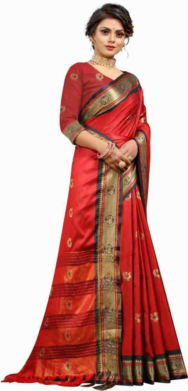 DEIANA'S Beautiful Designer Golden zari Soft Lichi Silk Saree - Red