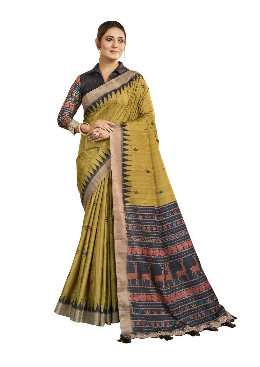 Olive Green Bhagalpuri Silk Paisley Print with Hand Mirror work Border Saree - Norita Nirvi