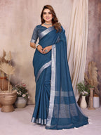 Anaita Navy Blue Weaving Linen Cotton Saree With Blouse - Distacart