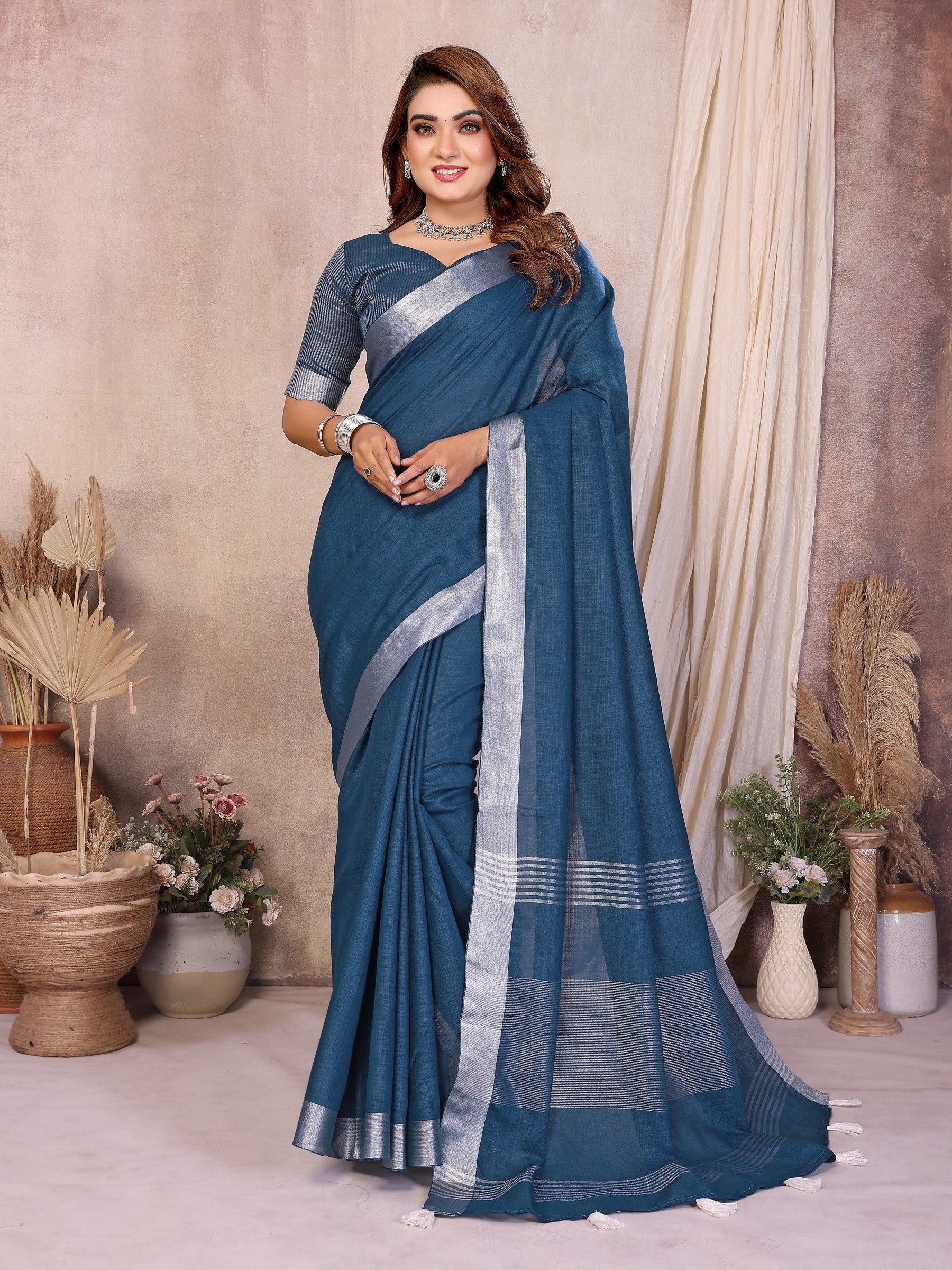 Anaita Navy Blue Weaving Linen Cotton Saree With Blouse - Distacart