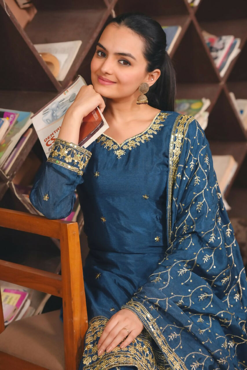 Joban Fashion Blue Silk Embroidered Sharara Set - Distacart