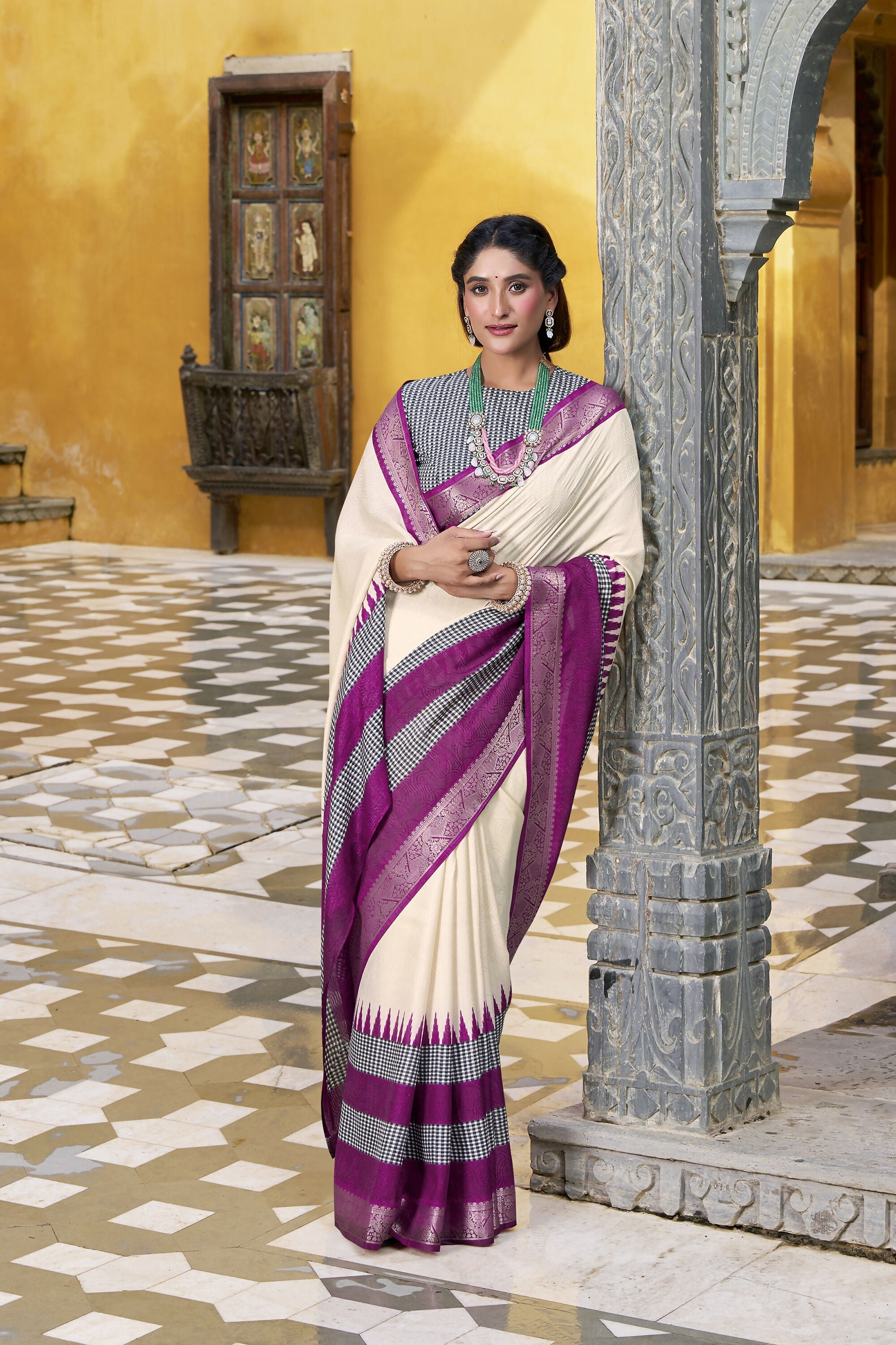 Vastranavya Off White Printed with Zari Weaving Work Poly Cotton Saree & Unstitched Blouse - Distacart
