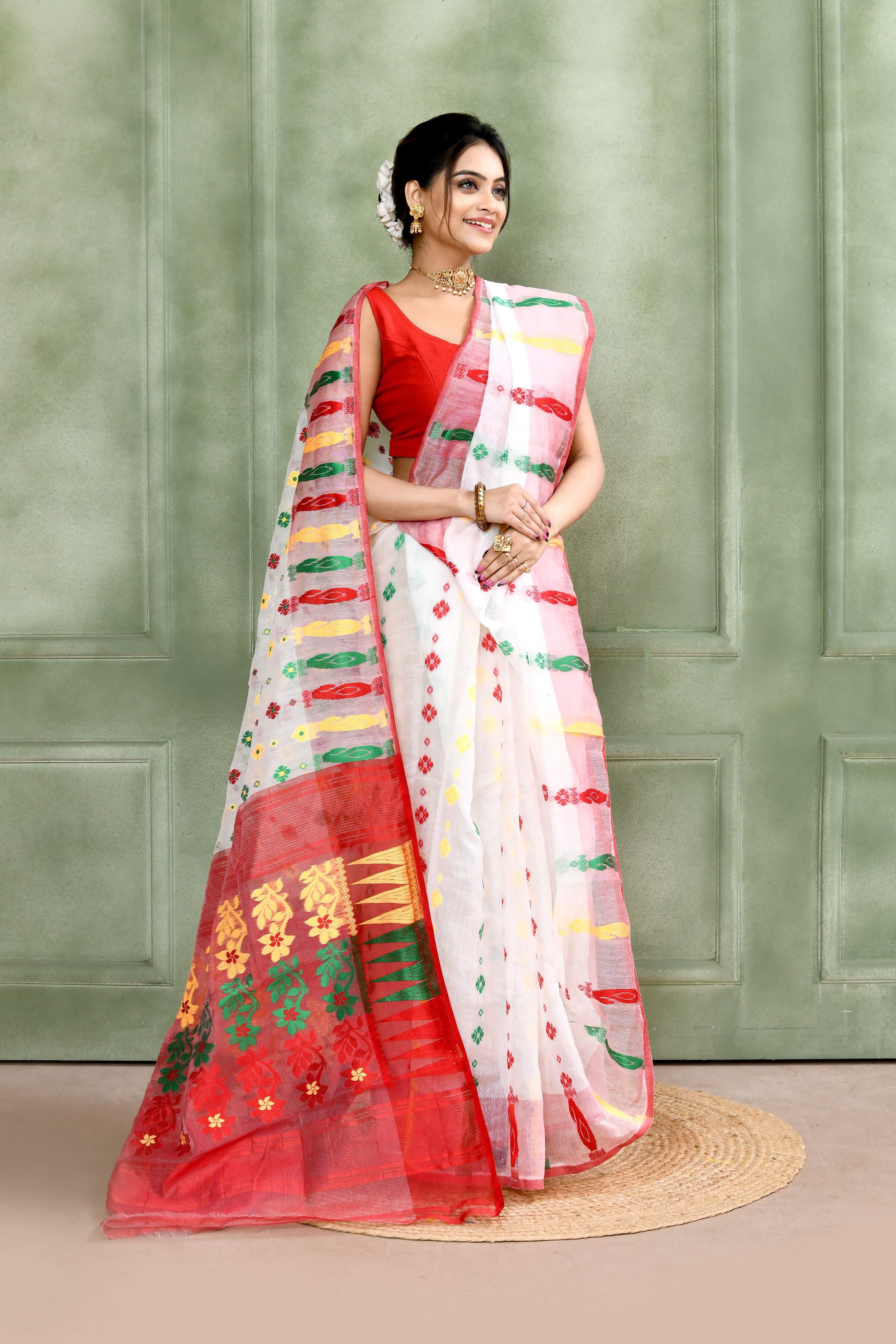 Piyari Fashion Women's White Embellished Cotton Blend Jamdani Saree - Distacart