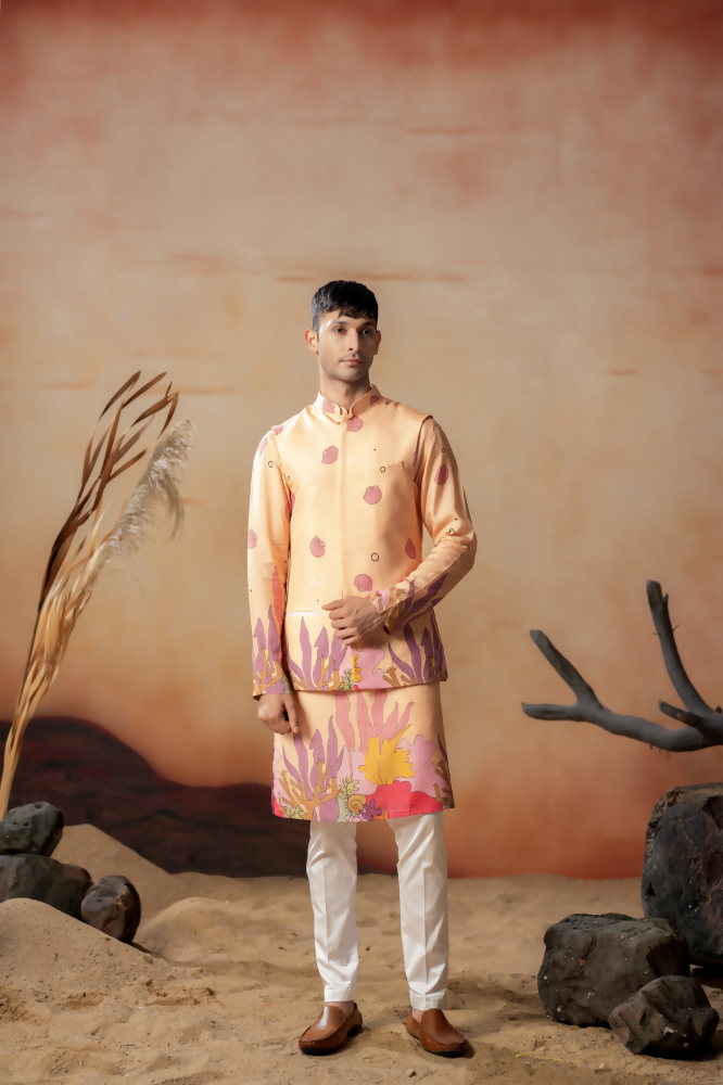 Coral Sunset Nehru Jacket Set by Hilo Design